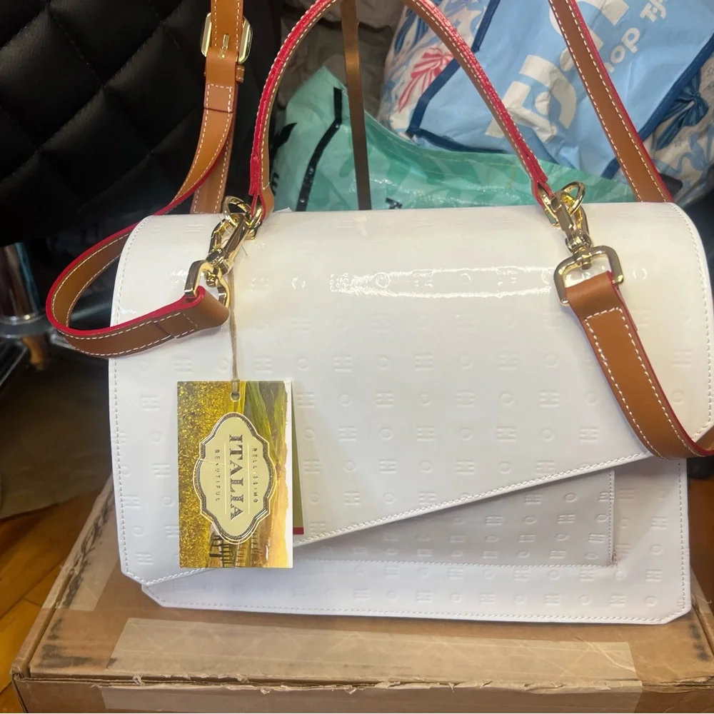 Arcadia Italian patent leather satchel bag white NWT retail $498 - Picture 3 of 16